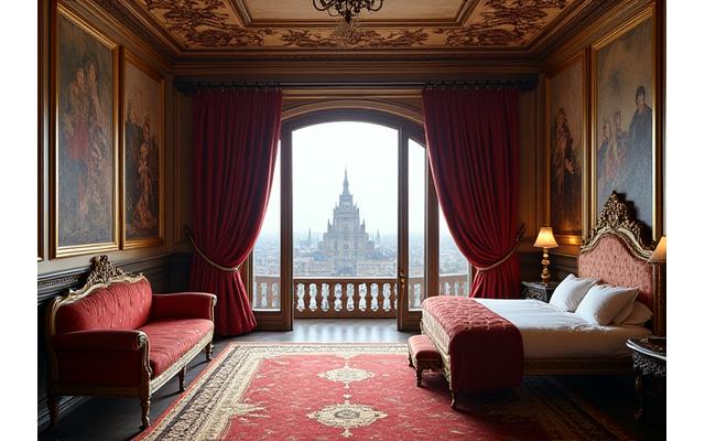 Belső tér egy reneszánsz palotában, luxus berendezéssel és freskókkal