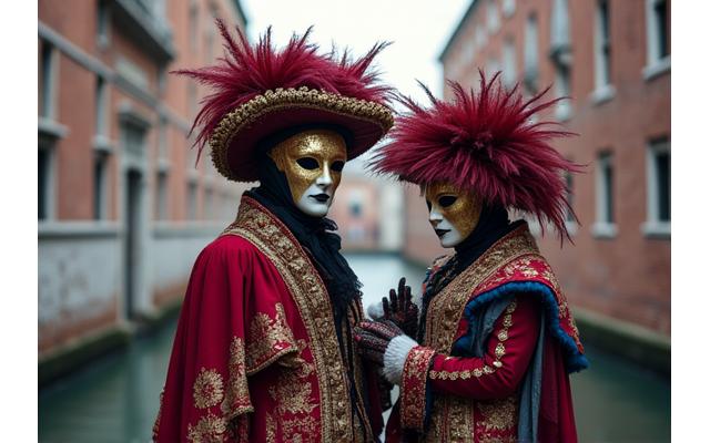 Velencei karnevál résztvevők gazdag reneszánsz jelmezekben