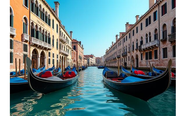 Velencei gondolák a Canal Grande-n, reneszánsz palotákkal